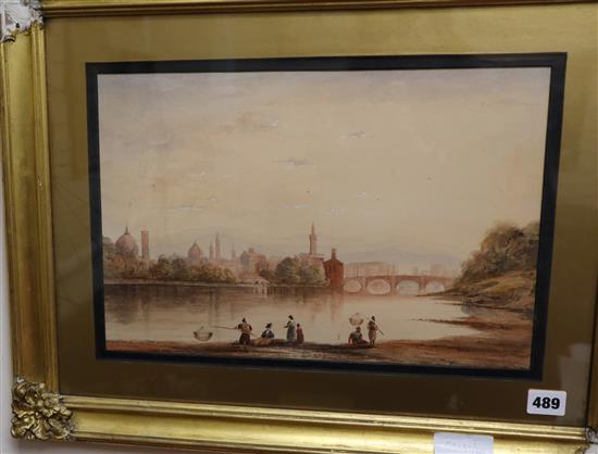 19th century English School, watercolour, View of Florence from the river, 26 x 38cm